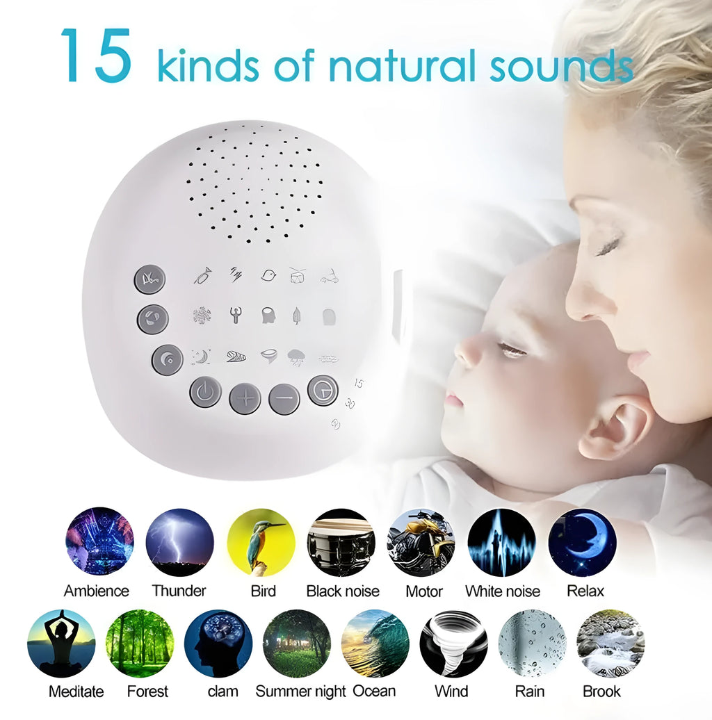 White noise machine with 9 sounds, timer, volume knob and USB cable, white colour, 16.5 x 16 x 6.3 cm
