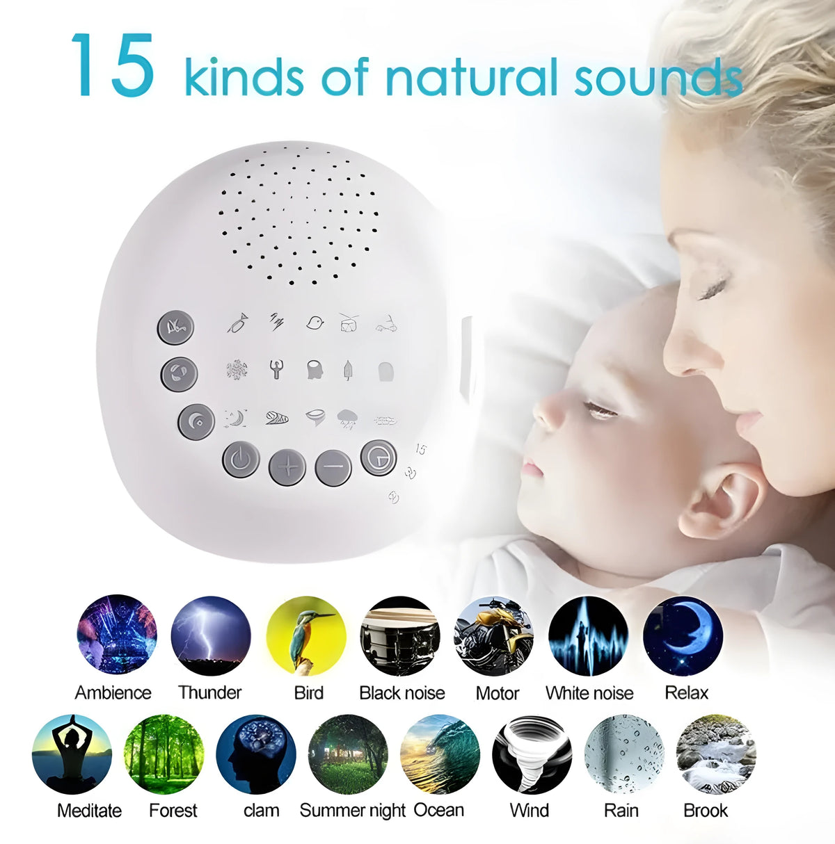 White noise machine with 9 sounds, timer, volume knob and USB cable, white colour, 16.5 x 16 x 6.3 cm