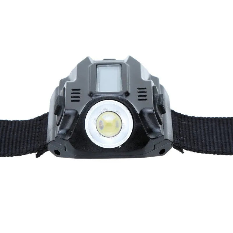 Rechargeable LED display wrist watch flashlight with CREE XPE bulb and nylon strap on outdoor background