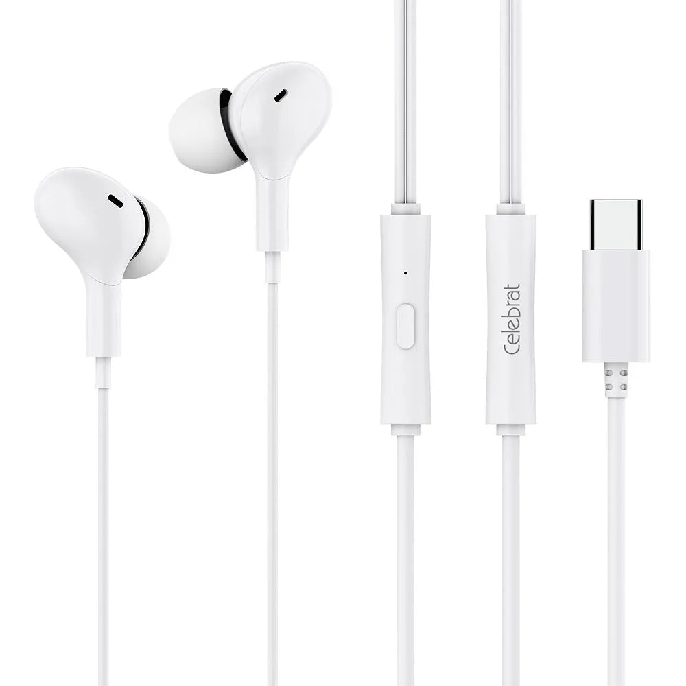 Black in-ear Type-C headphones with 1.2 metre cable on white background