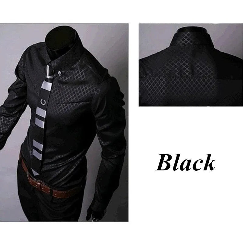 Men's designer plaid stripes fitted long sleeve shirt in blue with classic square collar