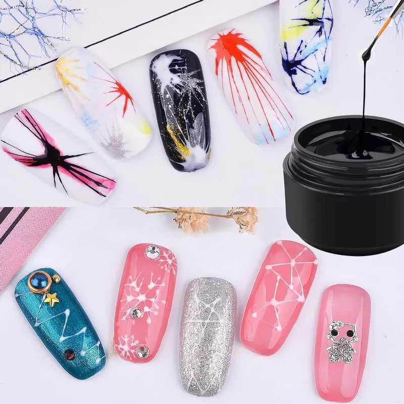 Six 5ml bottles of nail elastic drawing gum in black, white, blue, red, glitter gold, and glitter silver for DIY nail art