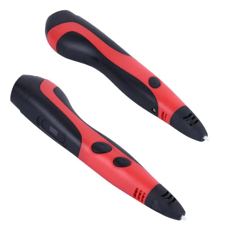 3D printing pen with plastic body, USB cable, and accessories including base and 12-colour filaments