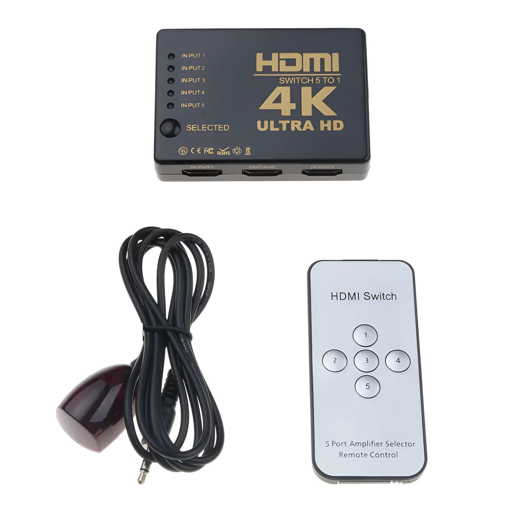 Black 5 in 1 out HDMI switcher with remote control and infrared cable