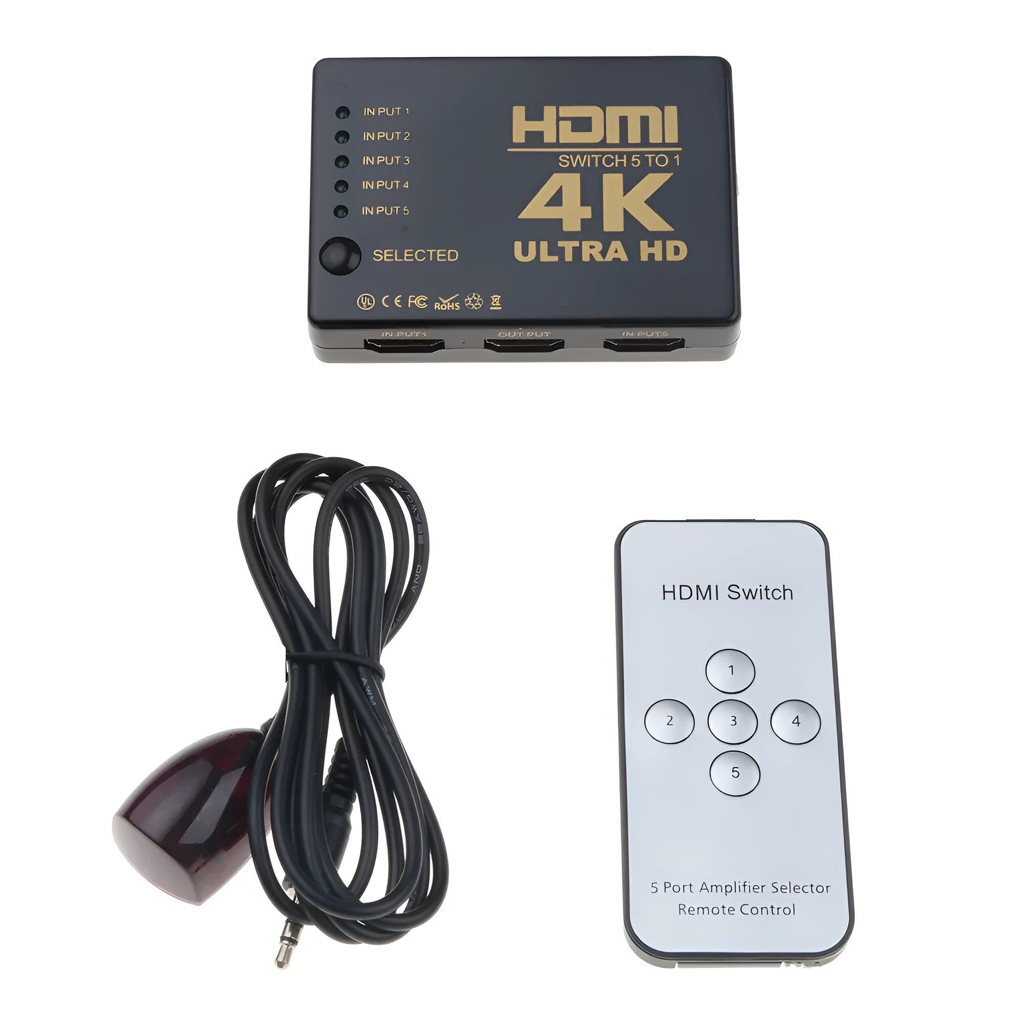 Black 5 in 1 out HDMI switcher with remote control and infrared cable