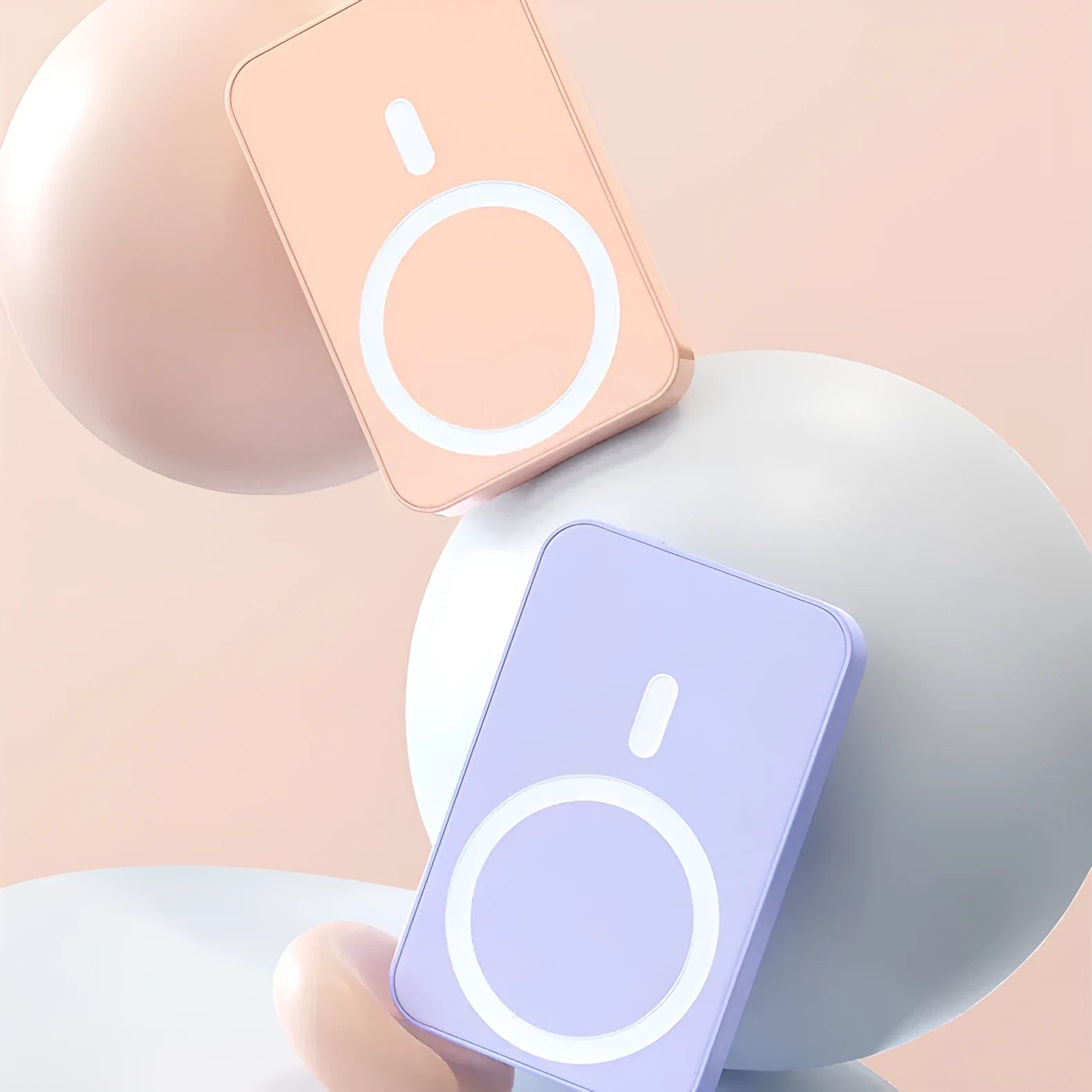 Pink plastic magnetic wireless power bank showing dimensions and 20000mAh capacity label.