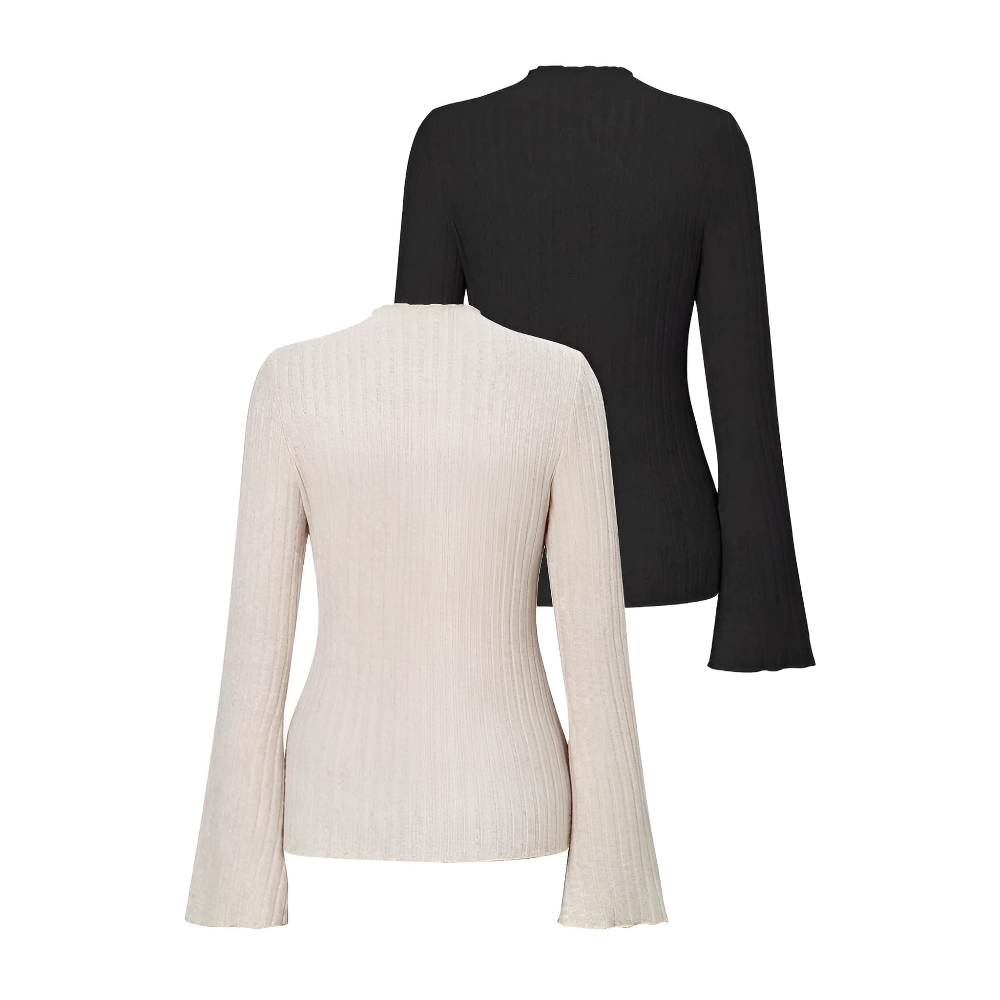 A black long sleeve slim fit top with round neck and lantern sleeves on a model.
