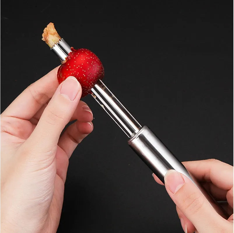 Stainless steel pineapple corer-slicer with black ABS handle, 18cm height, on white background