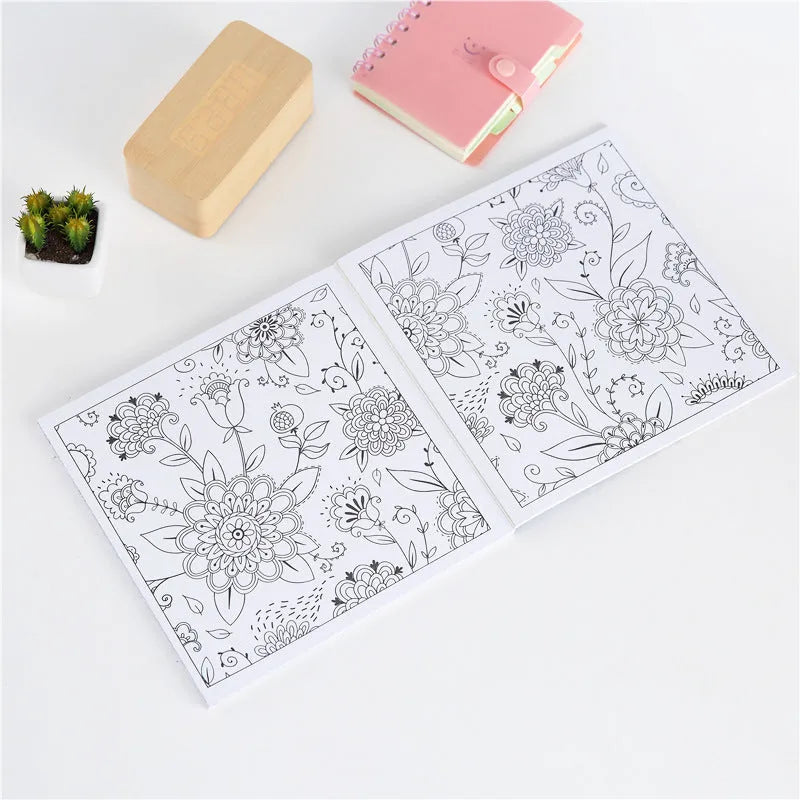 21 cm square mandala colouring book showing soft cover and open page with detailed pattern