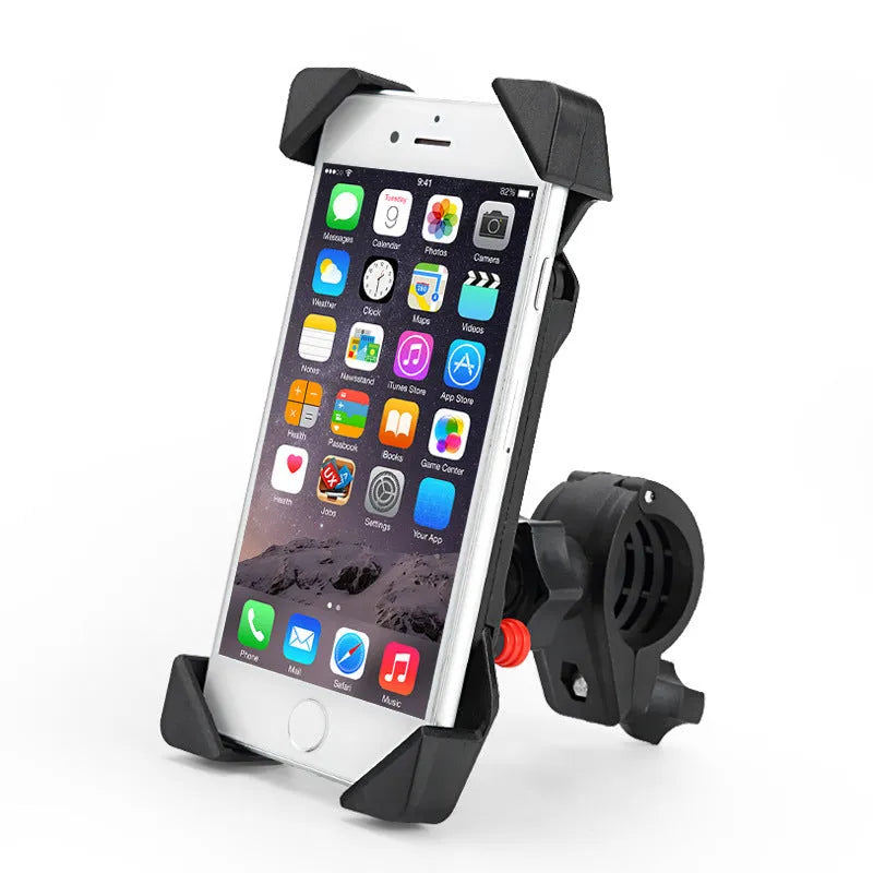 Black ABS motorcycle phone holder mounted on handlebar with adjustable clamp and USB charging cable