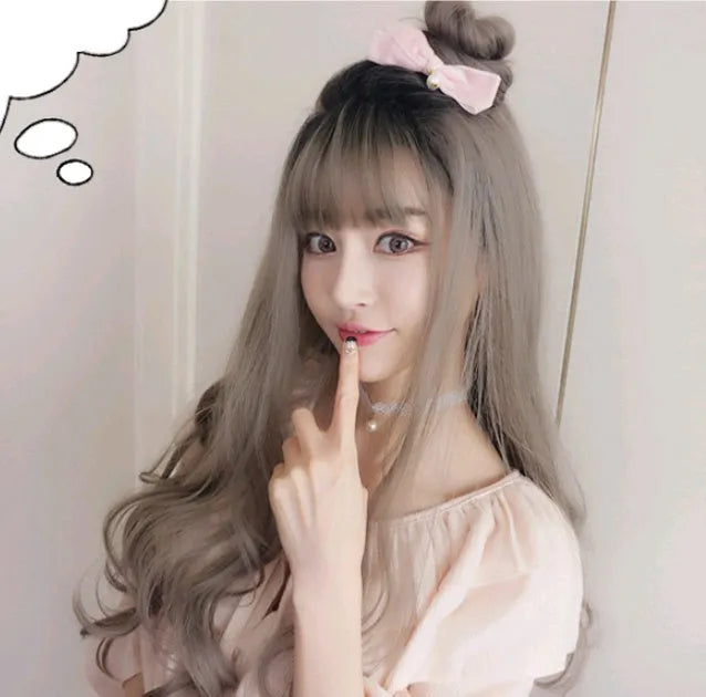 Long curly wig with air bangs, big wavy pear flower style, 62cm high temperature wire fibre, women's headgear