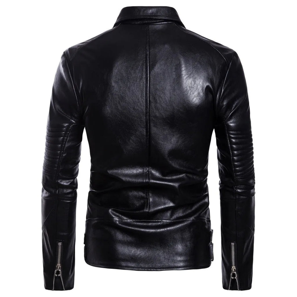 Men's black sheepskin leather jacket with suit collar and zipper front, regular fit, on display
