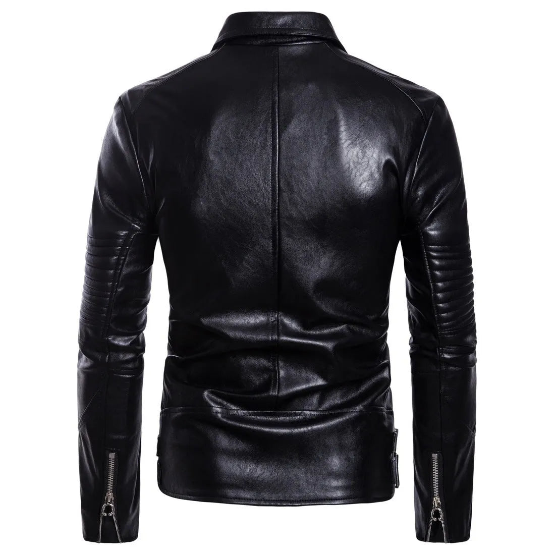 Men's black sheepskin leather jacket with suit collar and zipper front, regular fit, on display
