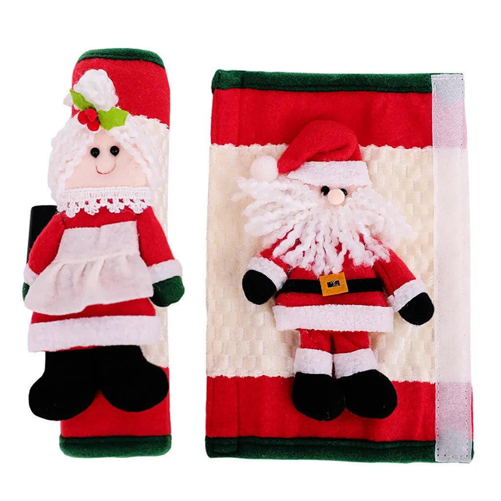 Red cloth Christmas refrigerator glove decoration, two refrigerator sets, 23x15cm, festive fridge accessory.