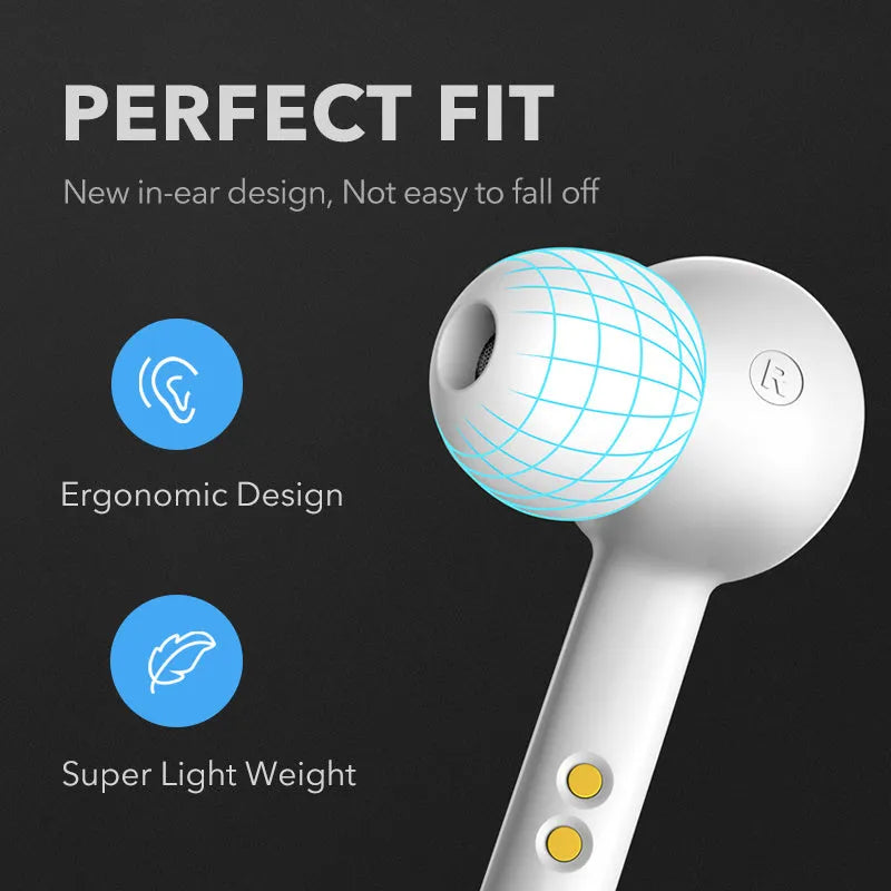 Black and white TWS wireless earbuds with Bluetooth 5.0 and IPX5 waterproof rating.