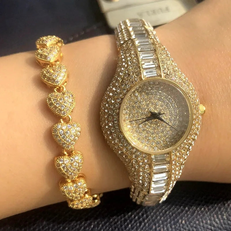 Gold ladies' quartz watch with diamond and colourful stone decoration, round alloy case, alloy strap, and mineral strengthened glass mirror