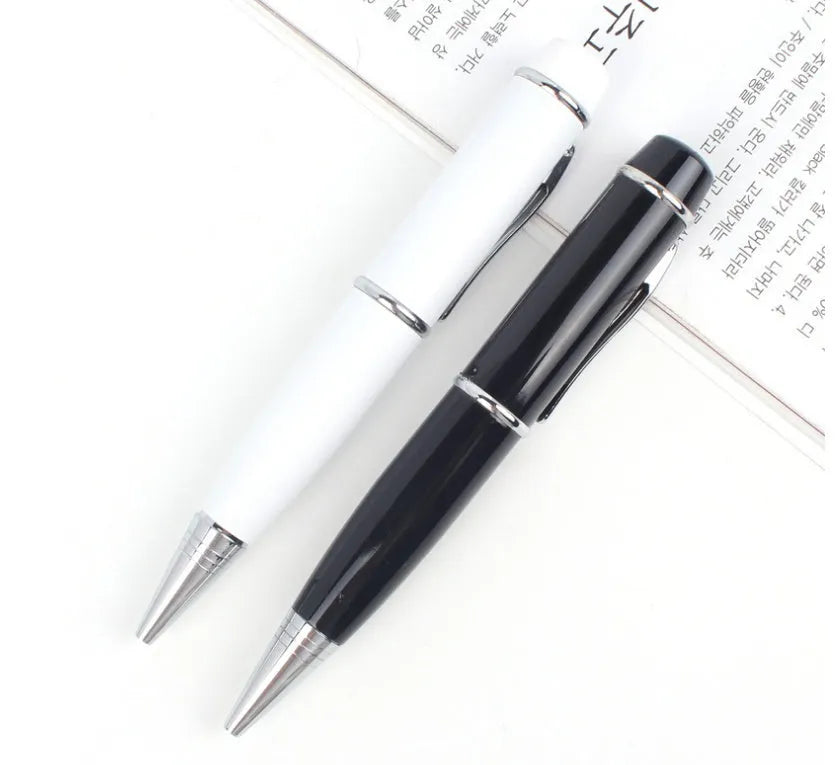 Multi-function metal USB flash drive pen with laser pointer, 16GB capacity, black, on white background