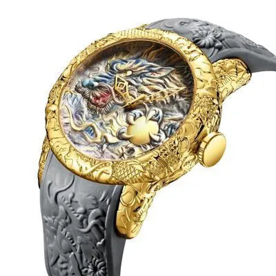Dragon pattern mechanical watch with black rubber band, 50mm case, and gold accents, available in multiple colours.