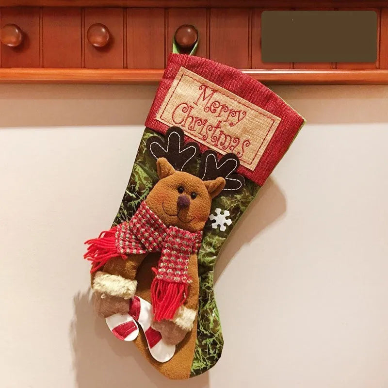 Christmas stocking with 3D appliqué snowman design, burlap fabric, and sturdy hanging loop