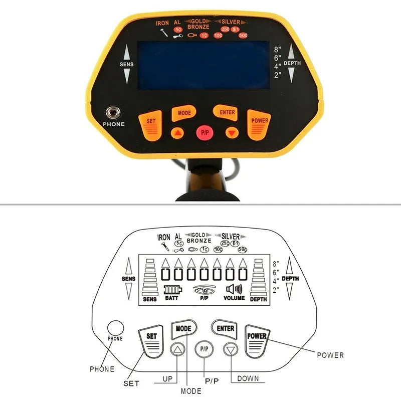 GC1028 black and yellow professional metal detector with LCD display and adjustable pole.