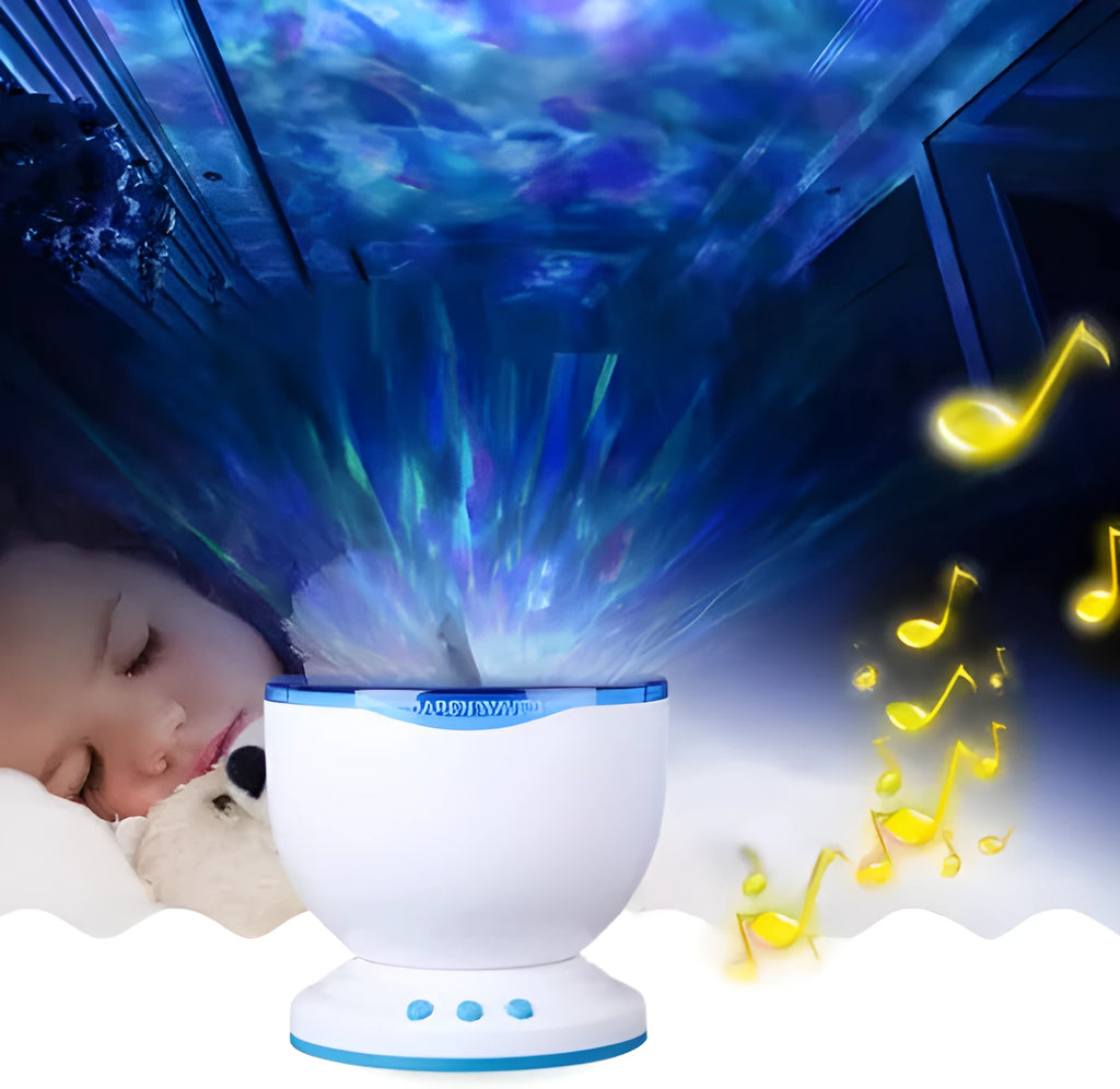 Blue coloured ocean-themed LED projection lamp on a surface for children's puzzle activities.