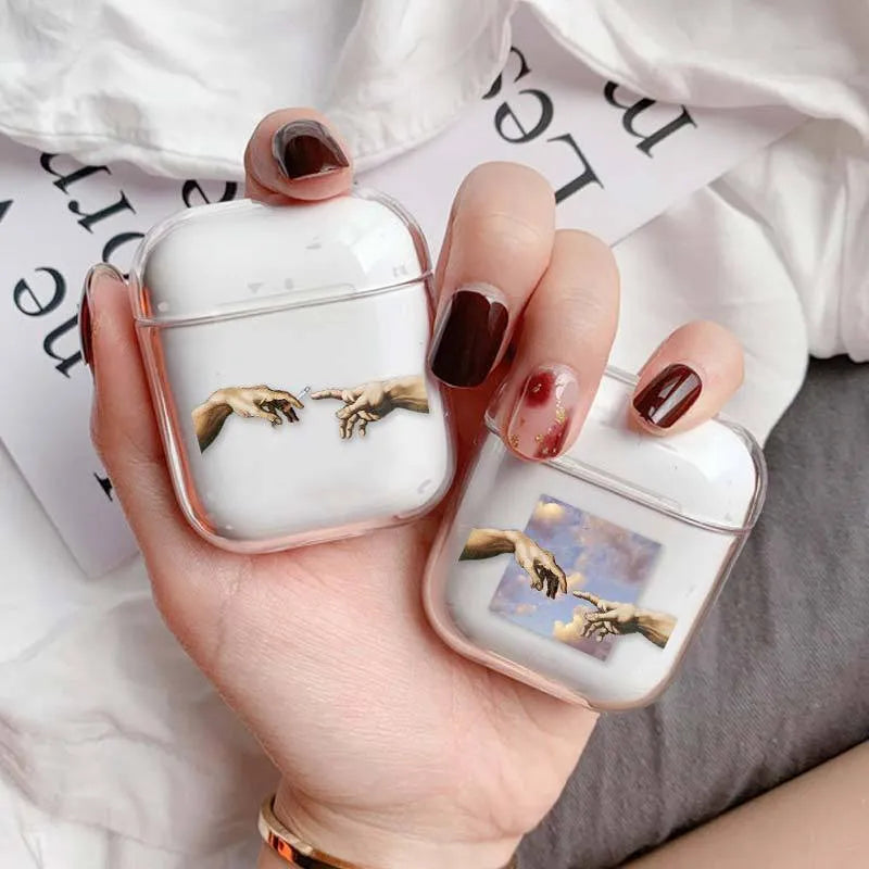 Transparent plastic AirPods protective cover showing compatible AirPods visible through clear material