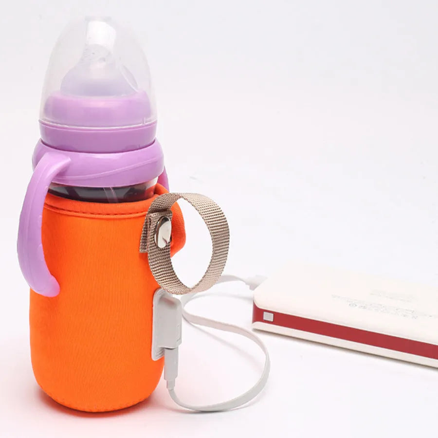 Orange and blue baby USB heated bottle warmer sleeve showing dimensions and USB connection