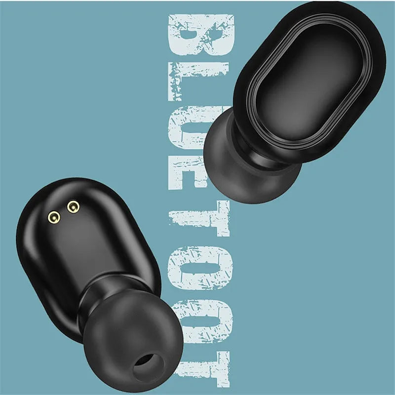 Black TWS XT01 Bluetooth earphones with charging case showing white and blue indicator lights.