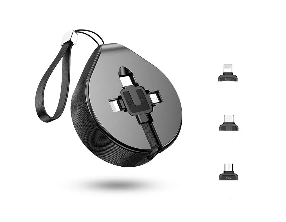 Telescopic three-in-one charging cable extended to show USB-C, Lightning and Micro-USB connectors