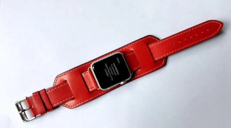 Leather watch strap belt in red, blue, black or brown, 38mm and 42mm width options for men and women