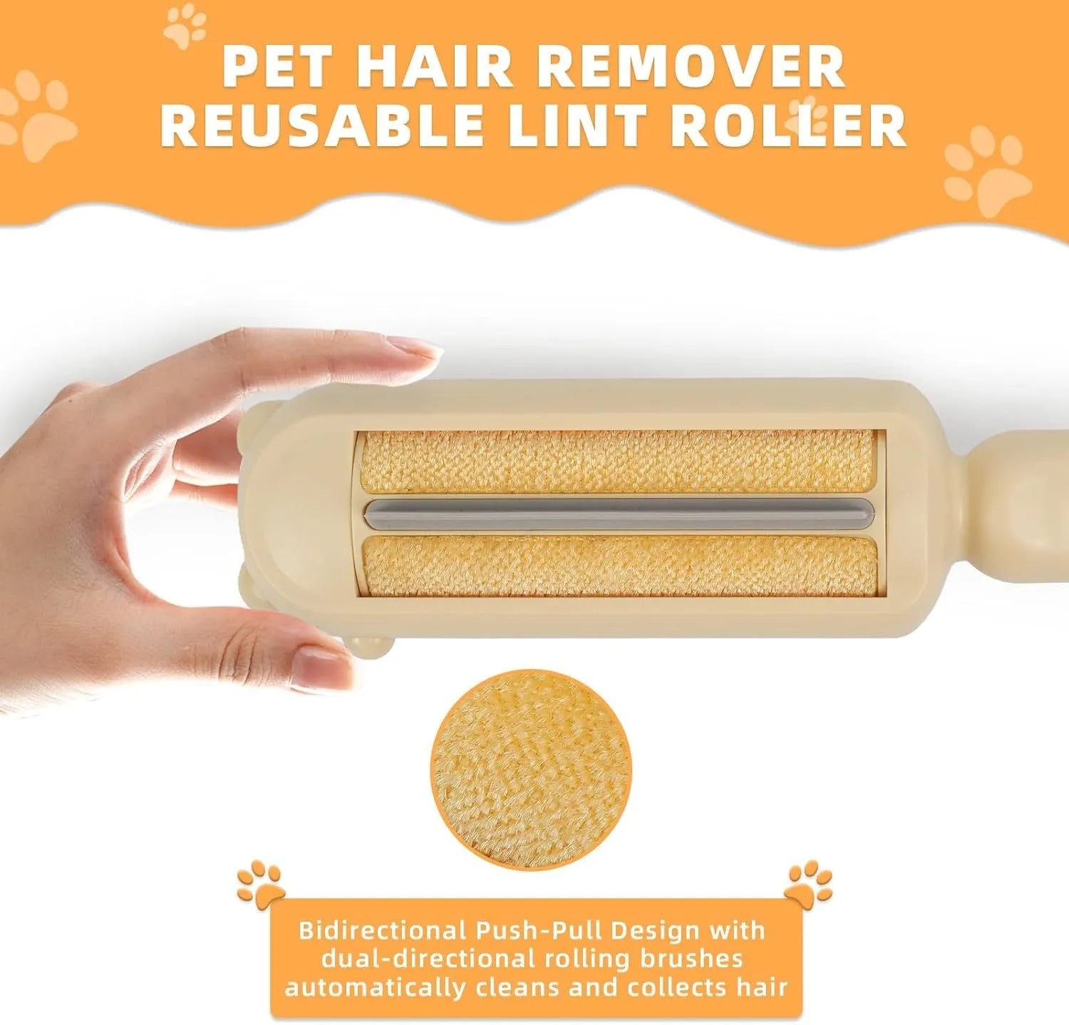 Blue reusable pet hair remover with self-cleaning base on a carpet.