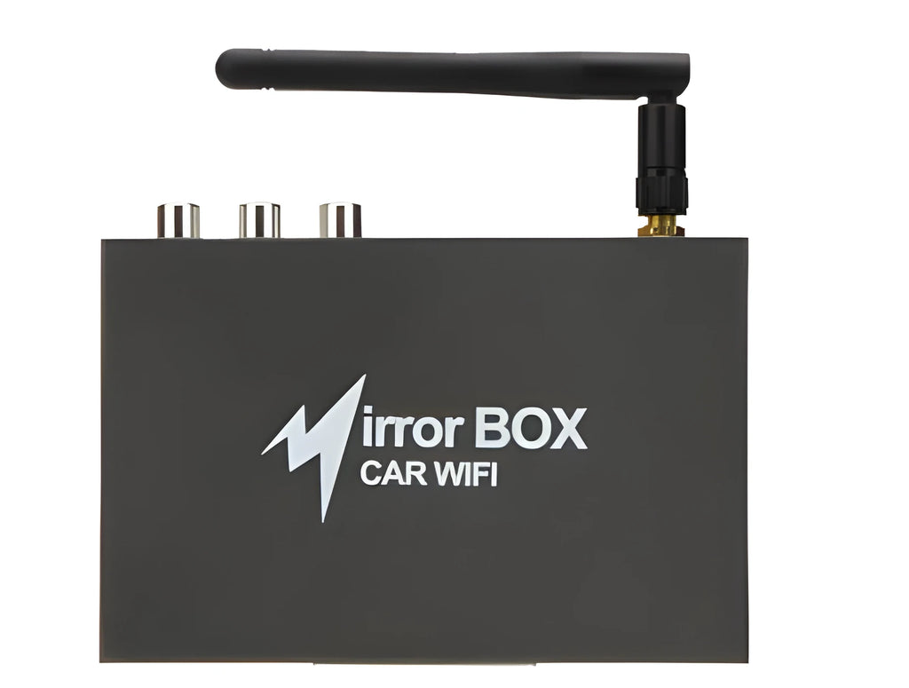 Black car mirror link box Wi-Fi converter with power cable, antenna, AV cable, and user manual for smartphone screen mirroring.