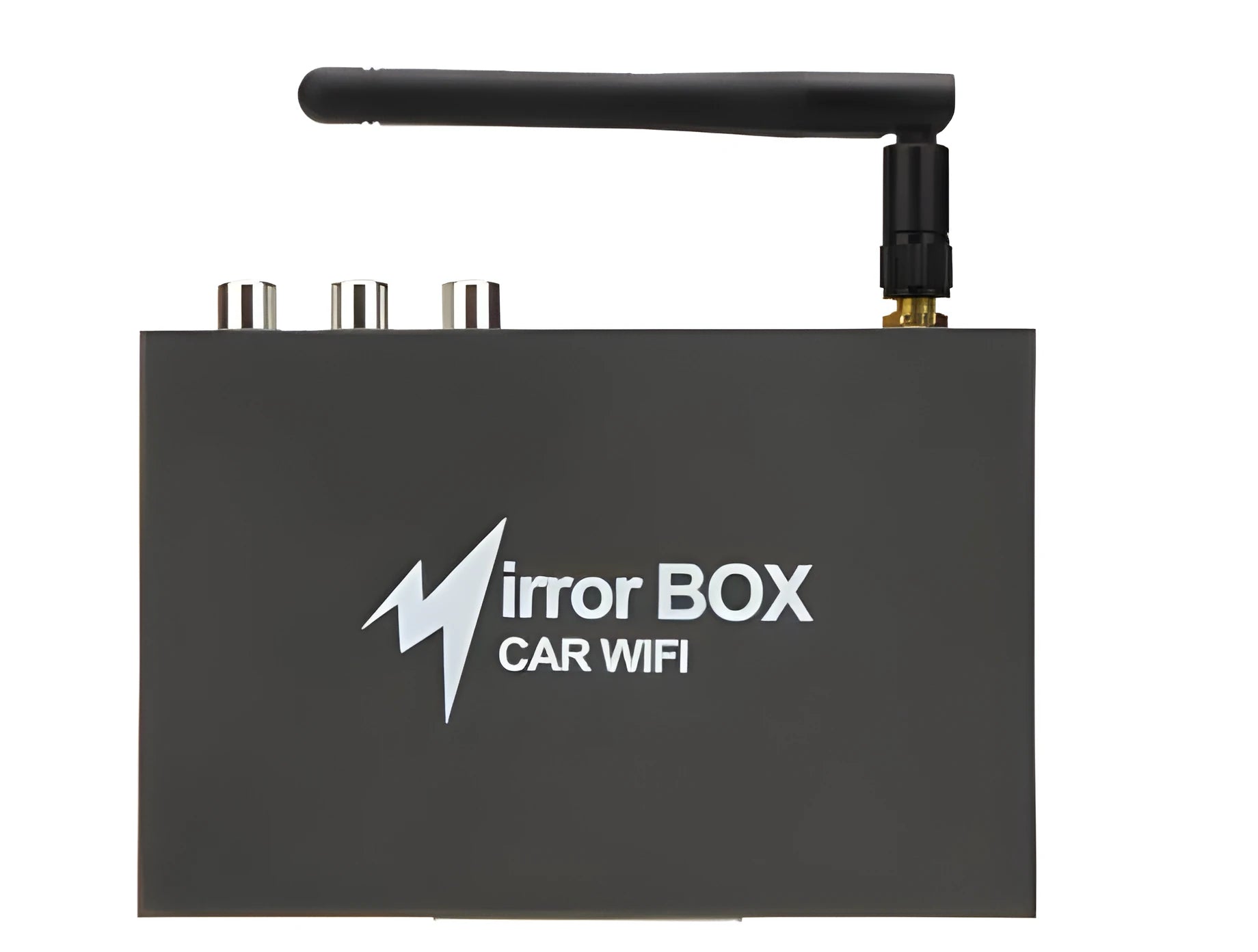 Black car mirror link box Wi-Fi converter with power cable, antenna, AV cable, and user manual for smartphone screen mirroring.