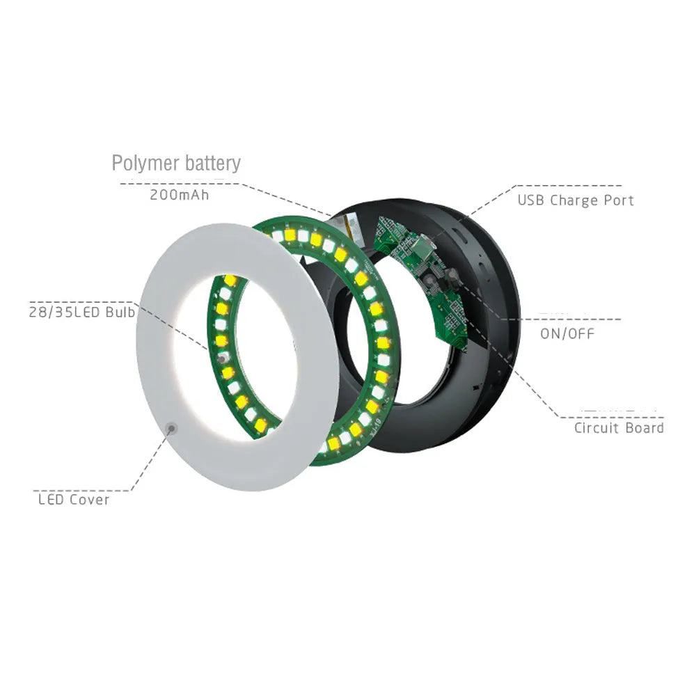 Compact black ring light for smartphone photography with USB charging cable.
