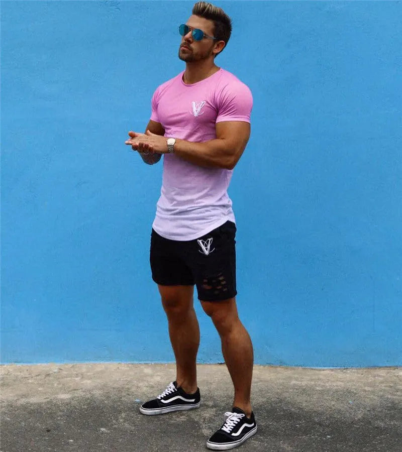 Men's 95% cotton muscle fitness top short sleeve crew neck t-shirt in black blue for gym training