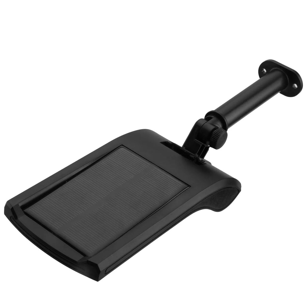 Black 36LED solar-powered wall light with a large sensor and a rotatable mounting pole.