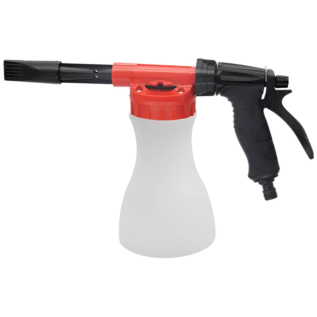 Foam pot high pressure water gun sprayer for garden use with adjustable pressure control.