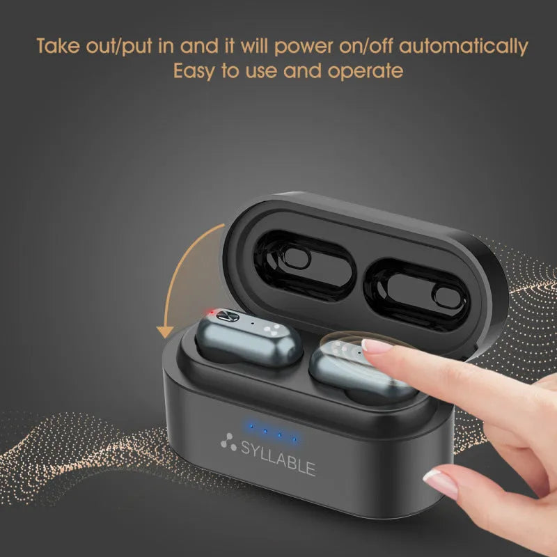 SYLLABLE S101 black Bluetooth earphones with charging case and earbuds