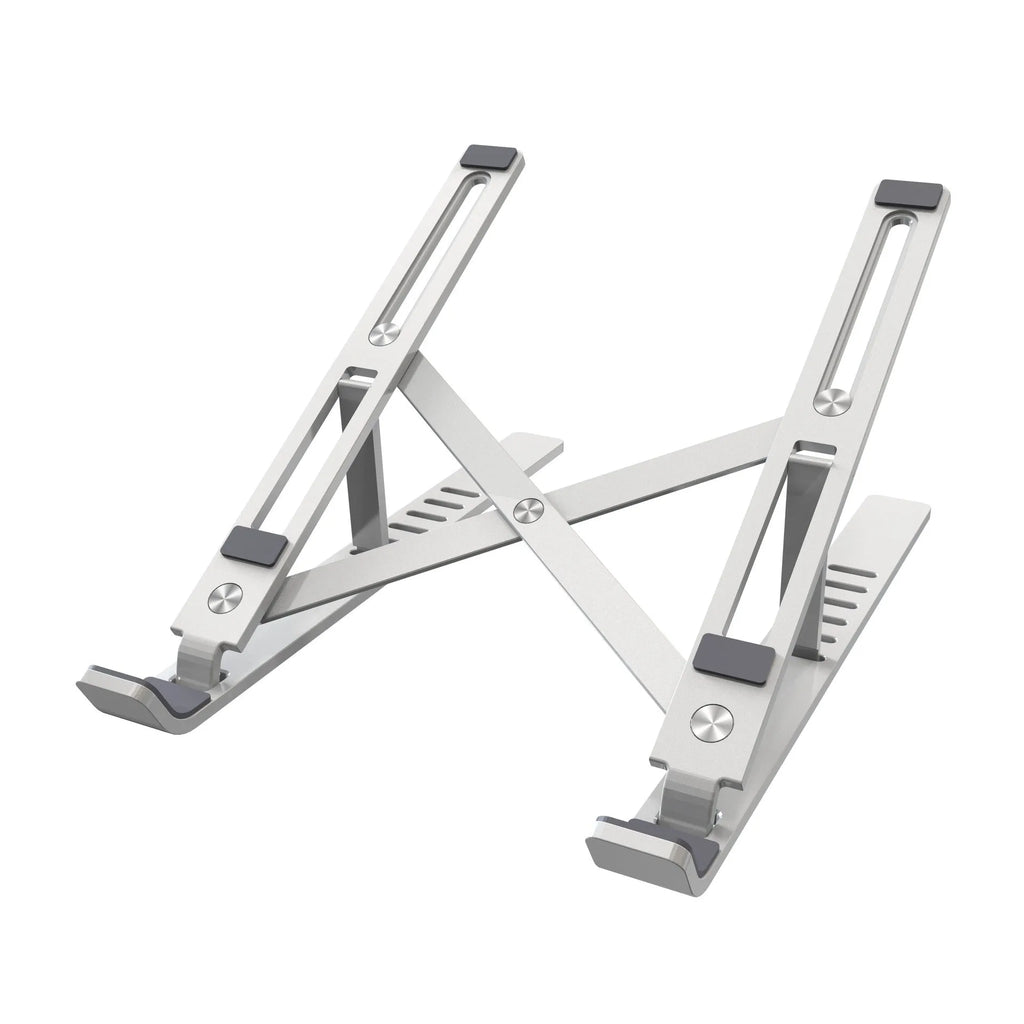 Silver aluminium laptop stand with six height positions beside a black laptop