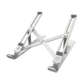 Silver aluminium laptop stand with six height positions beside a black laptop