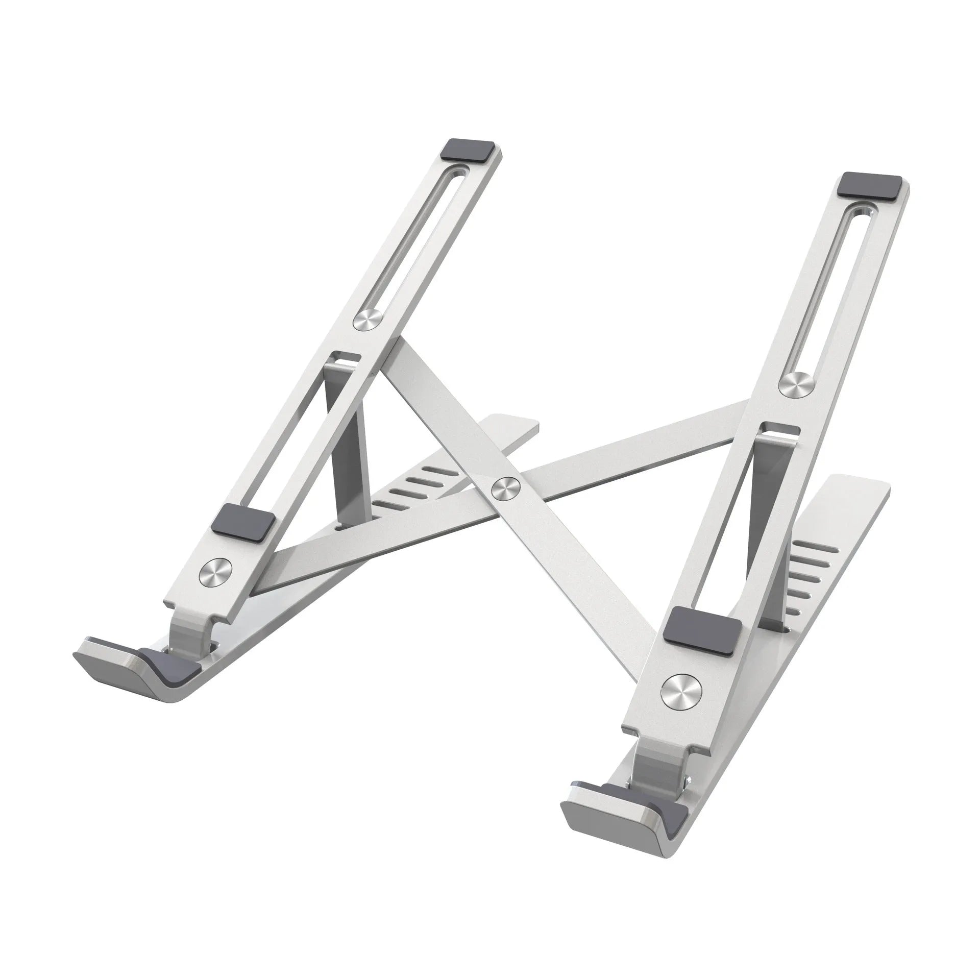 Silver aluminium laptop stand with six height positions beside a black laptop
