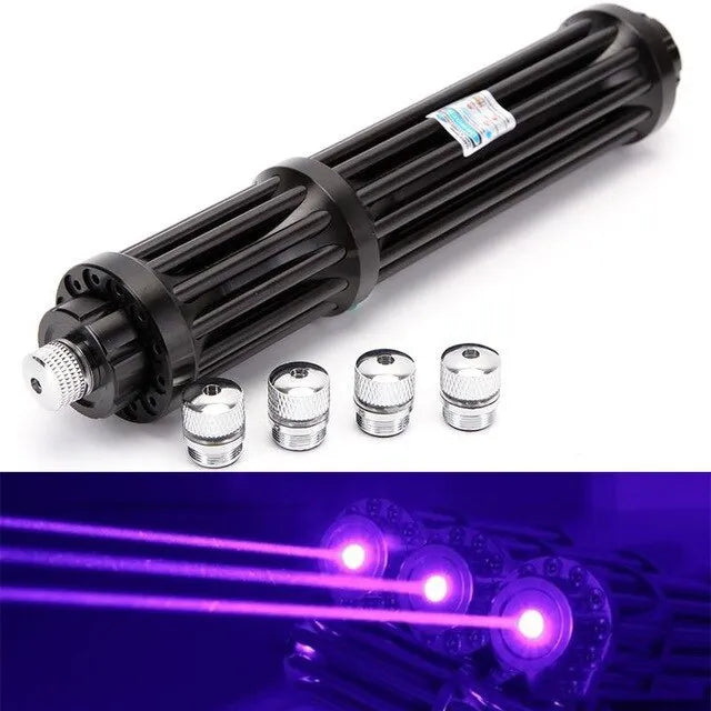 Black anodised aluminium tactical flashlight with blue laser pointer.