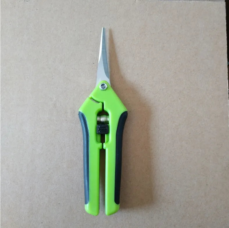 Green garden pruning scissors with stainless steel blade, 16.5 cm long, on a white background