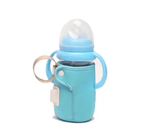 Orange and blue baby USB heated bottle warmer sleeve showing dimensions and USB connection