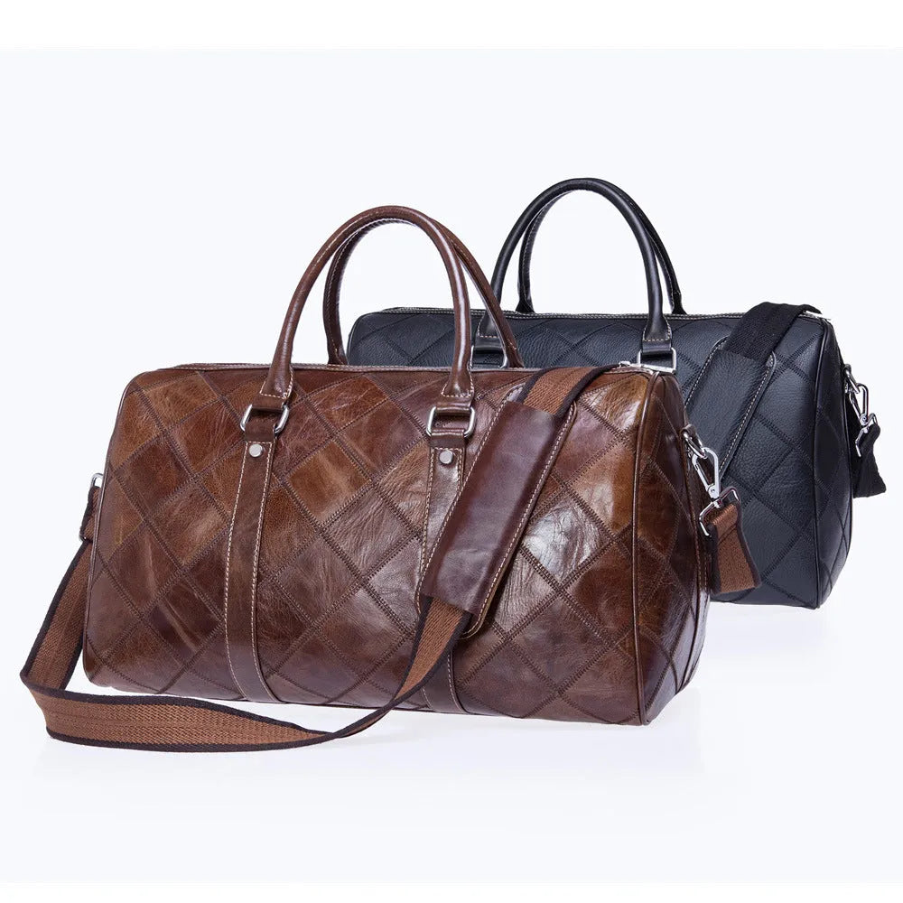 Men's brown leather duffel bag with a single strap and internal organiser pockets