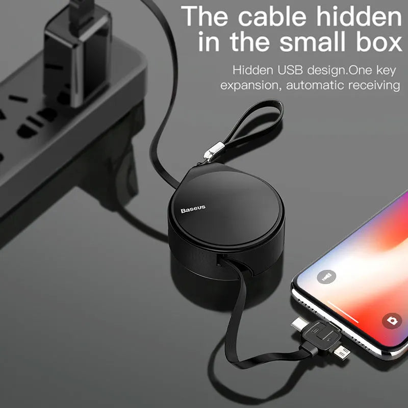 Telescopic three-in-one charging cable extended to show USB-C, Lightning and Micro-USB connectors
