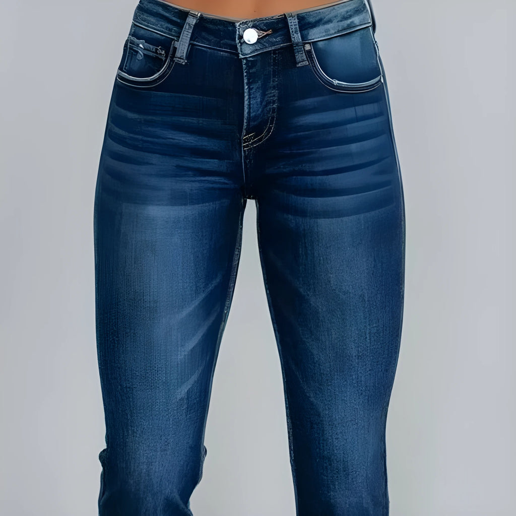 Solid colour women's cotton denim jeans with a hand-worn finish in light blue and dark blue.