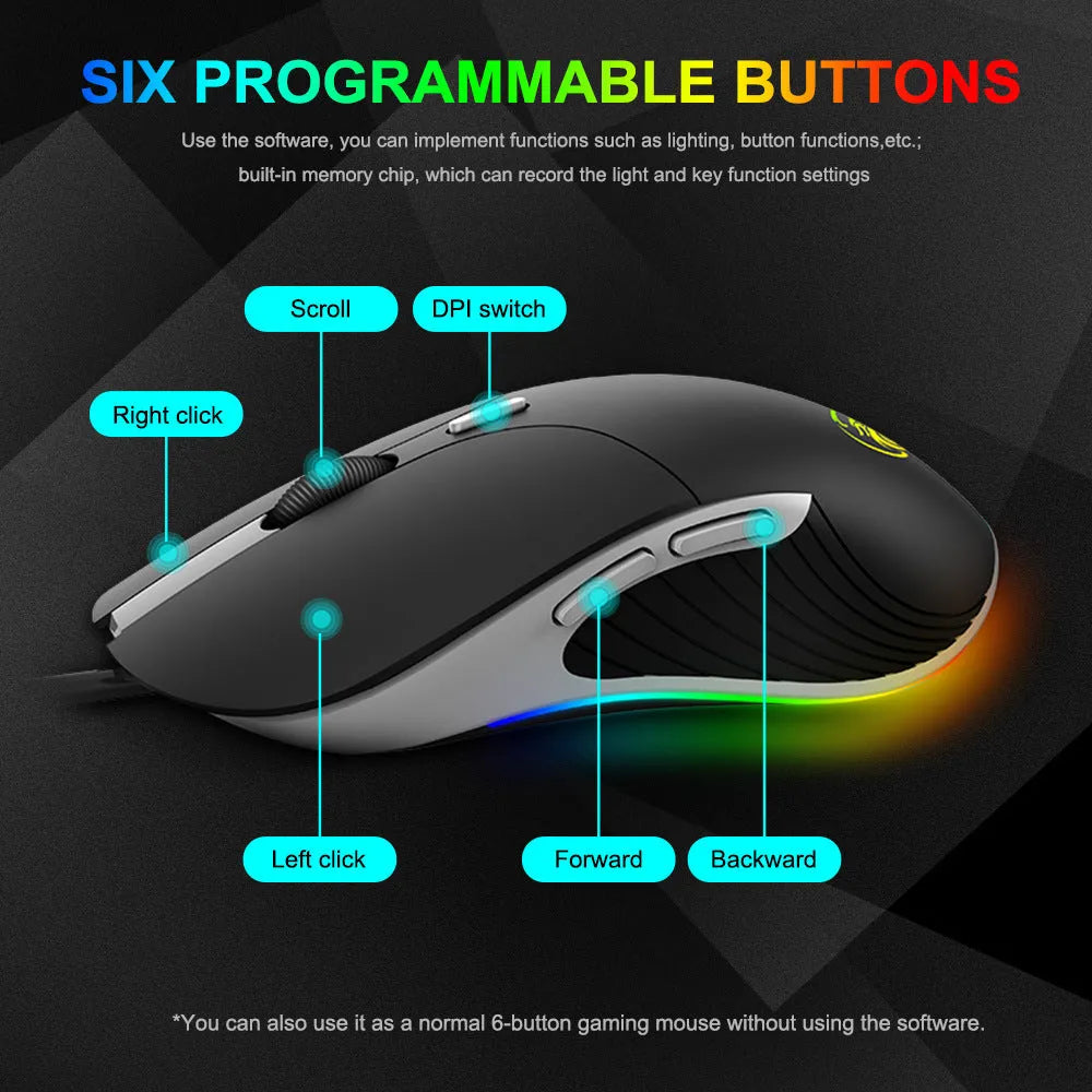 LED gaming mouse 6400 DPI USB wired ergonomic with seven buttons and scroll wheel