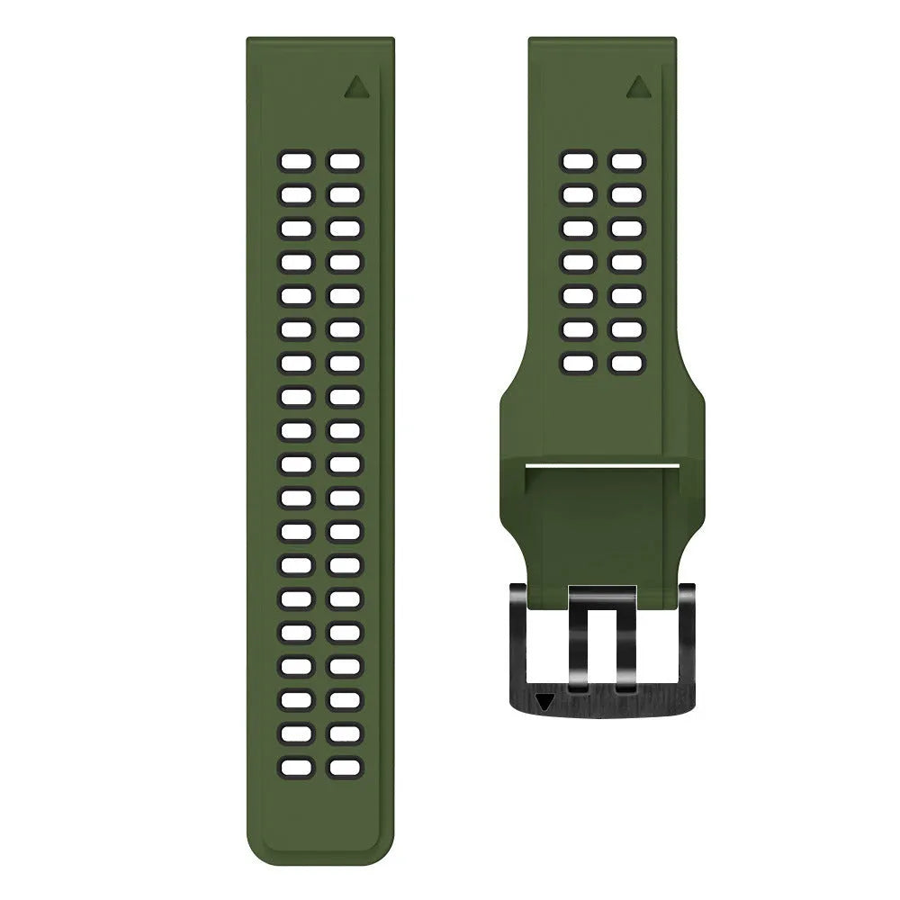 Quick release two-tone silicone sports watch strap showing pin buckle and ventilation holes.