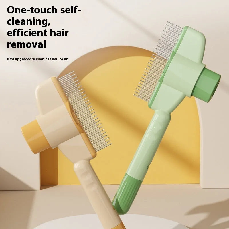 Yellow and green self-cleaning pet grooming comb with stainless steel teeth and release button